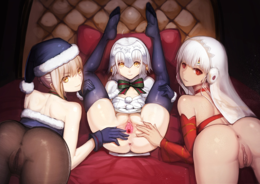3girls absurdres all_fours altera_(fate) altera_the_santa anus artoria_pendragon_(all) ass back bangs bare_shoulders bell black_gloves blush bow bra braid breasts brown_legwear capelet choker closed_mouth dark_skin deep_skin detached_sleeves earmuffs eyebrows_visible_through_hair fate/grand_order fate/stay_night fate_(series) french_braid from_behind fur-trimmed_capelet fur-trimmed_gloves fur_trim gloves green_bow green_ribbon hair_between_eyes headpiece highres jeanne_d'arc_(fate)_(all) jeanne_d'arc_alter_santa_lily legs_up long_hair looking_at_viewer looking_back lying magic_xiang multiple_girls on_back on_bed paid_reward pantyhose patreon_reward presenting pussy red_bra red_choker red_eyes ribbon saber_alter short_hair shoulder_blades spread_legs spread_pussy striped striped_bow striped_ribbon thighs uncensored underwear urethra white_capelet white_hair yellow_eyes