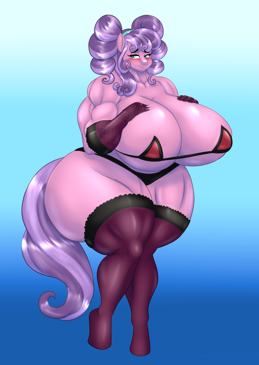 absurd_res anthro big_breasts blues64 blush breasts cleavage clothed clothing equid equine female hi_res huge_breasts mammal marauder6272 muscular muscular_female my_little_pony petunia_petals_(mlp) thick_thighs wide_hips