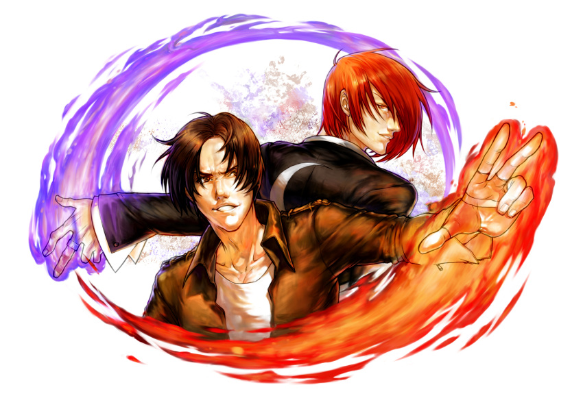 2boys bangs brown_eyes brown_hair fingerless_gloves fire gloves hair_over_one_eye highres jacket jewelry kusanagi_kyou leather leather_jacket male_focus multiple_boys parted_bangs purple_fire pyrokinesis red_hair ring smile spade-m the_king_of_fighters yagami_iori