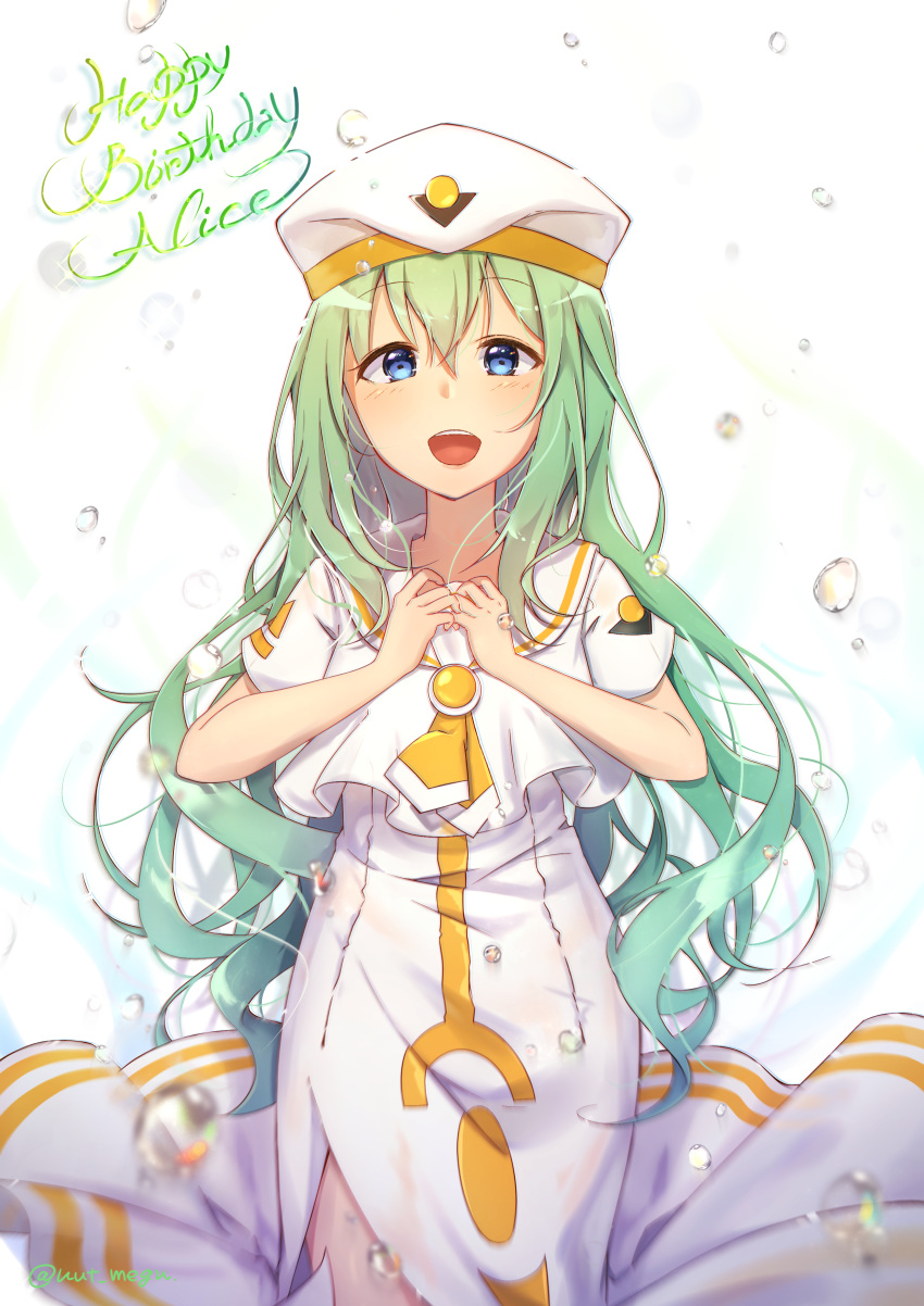1girl :d absurdres alice_carroll aria beret birthday blush character_name dress eyebrows_visible_through_hair facing_viewer green_hair hair_between_eyes happy_birthday hat highres long_hair looking_at_viewer nut_megu open_mouth orange_planet_uniform sailor_collar smile solo water_drop white_background