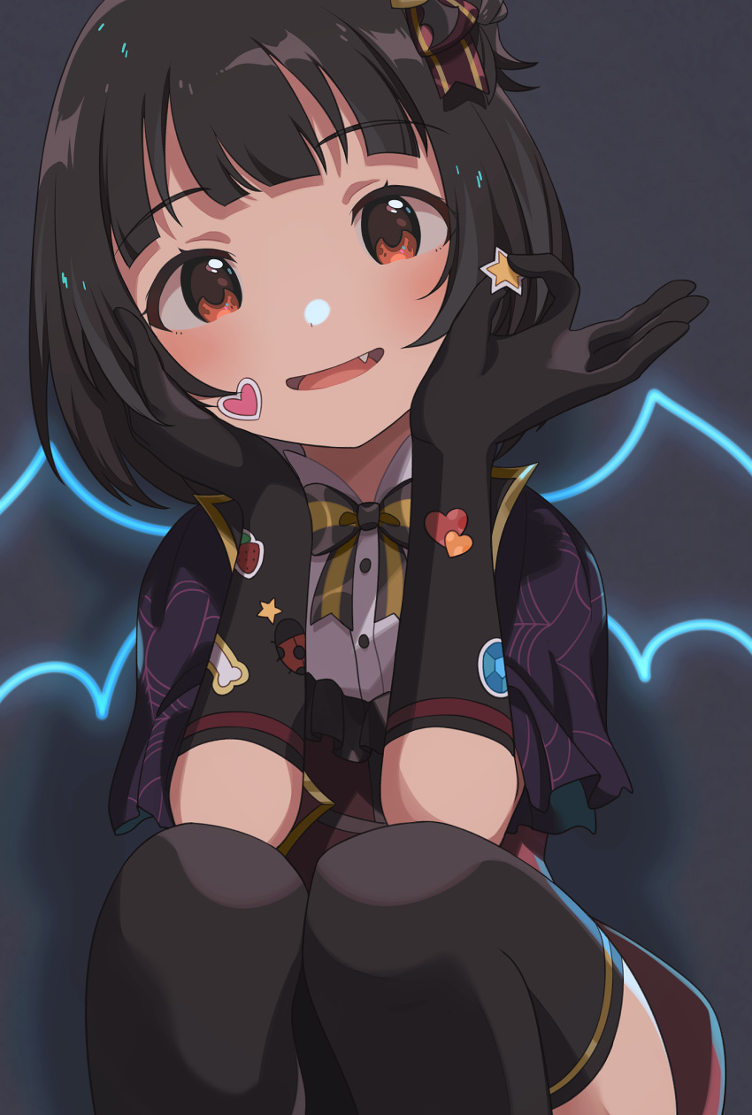 1girl bangs black_gloves black_hair black_legwear blush brown_eyes commentary_request dot_nose eyebrows_visible_through_hair fang gloves hair_ornament heart heart_stickers highres idolmaster idolmaster_million_live! idolmaster_million_live!_theater_days looking_at_viewer naijow nakatani_iku open_mouth short_hair smile solo star sticker thighhighs