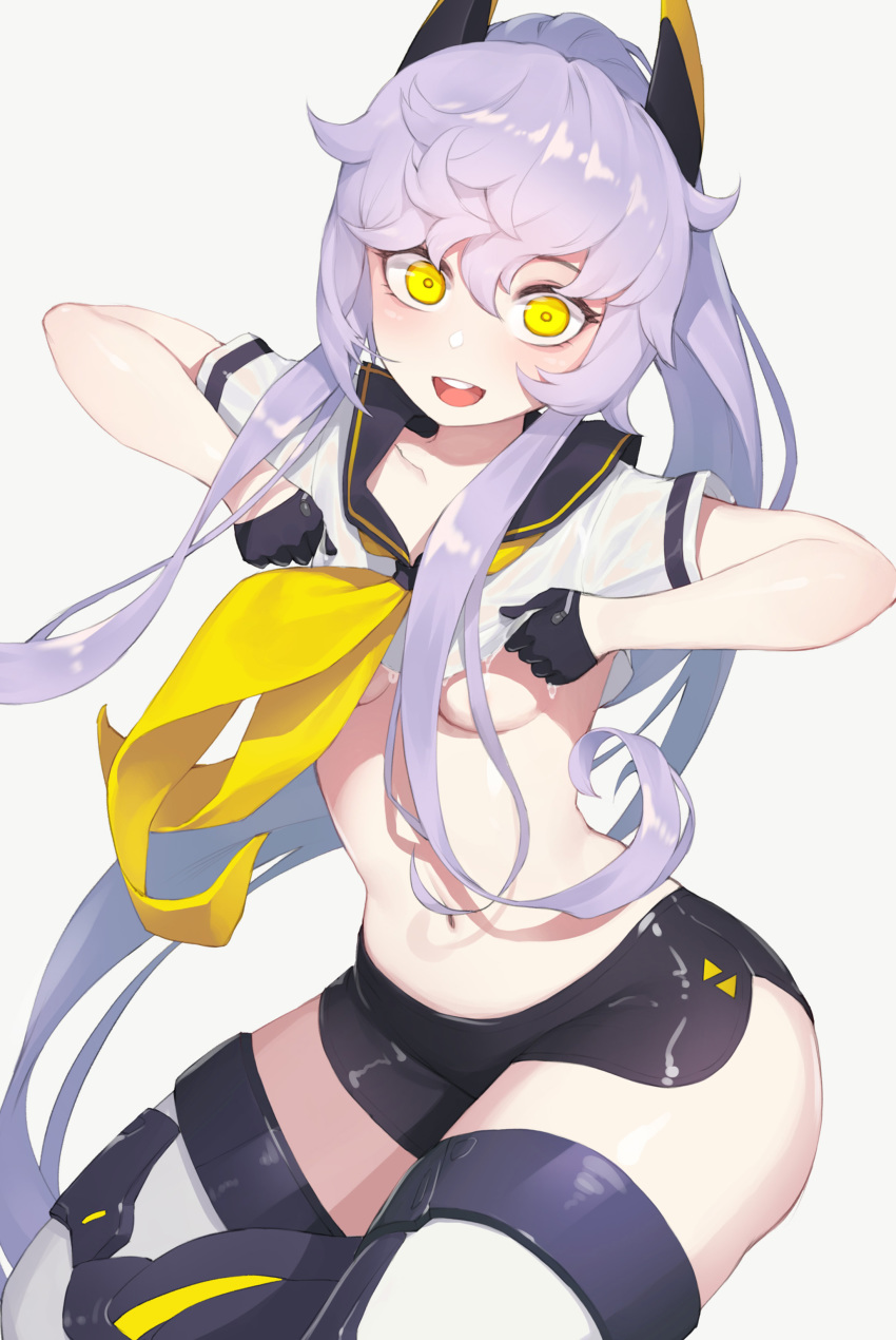 1girl :d absurdres azur_lane bangs black_gloves black_sailor_collar black_shorts breasts ce-_-3 collarbone gloves green_neckwear hair_between_eyes half_gloves head_tilt high_ponytail highres long_hair looking_at_viewer medium_breasts micro_shorts navel neckerchief open_mouth purple_hair sailor_collar shirt short_sleeves shorts sidelocks simple_background siren_(azur_lane) siren_purifier_(azur_lane) smile solo thick_thighs thighhighs thighs underboob upper_teeth very_long_hair wet wet_clothes wet_shirt white_background white_shirt wide-eyed wide_hips yellow_eyes