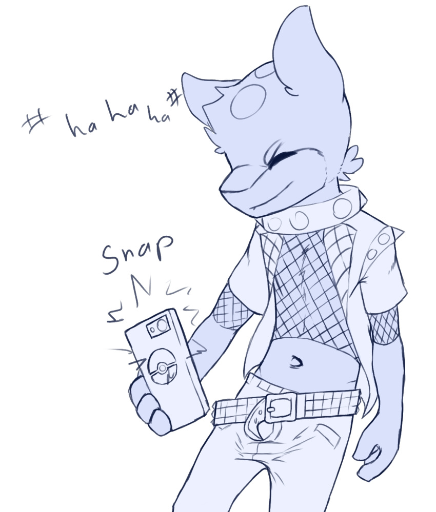 belt brandon_(littlerager) bully bullying camera choker clothed clothing happy hi_res holding_object holding_phone humiliation jacket jewelry laugh littlerager male mesh_shirt midriff necklace nintendo phone pok&eacute;mon pok&eacute;mon_(species) punk quilava topwear video_games wardrobe_malfunction