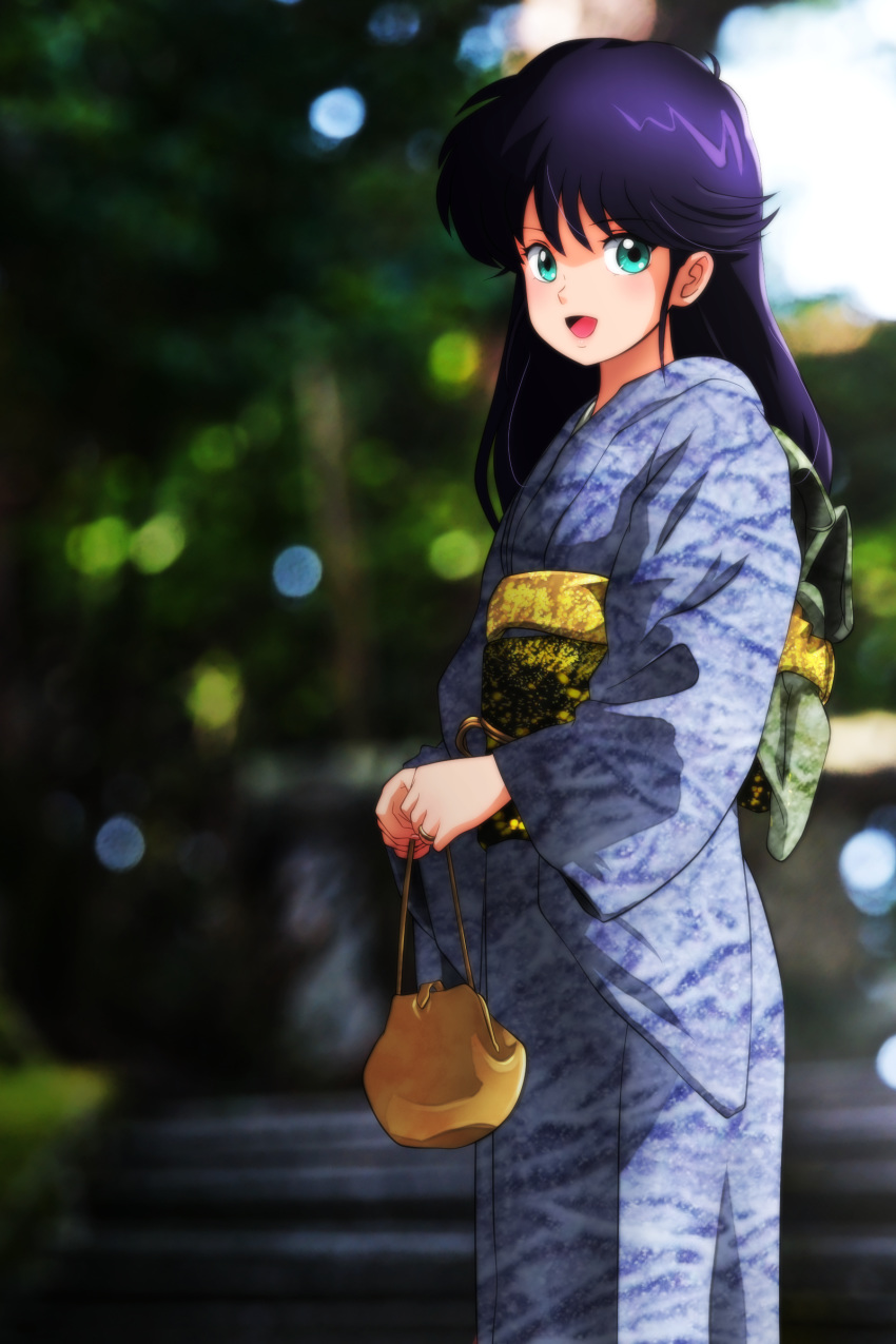 1girl absurdres ayukawa_madoka genya_(genya67) green_eyes highres japanese_clothes kimagure_orange_road kimono long_hair looking_at_viewer oldschool outdoors solo yukata