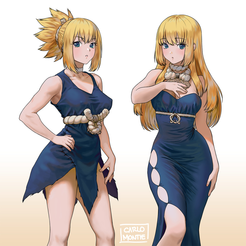 2girls artist_name bangs bare_shoulders blonde_hair blue_dress blue_eyes breasts carlo_montie chestnut_mouth cleavage covered_nipples dr._stone dress hand_on_hip hand_up kohaku_(dr._stone) long_hair looking_at_viewer medium_breasts multiple_girls ponytail rope rope_belt ruri_(dr._stone) siblings sidelocks simple_background sisters standing white_background