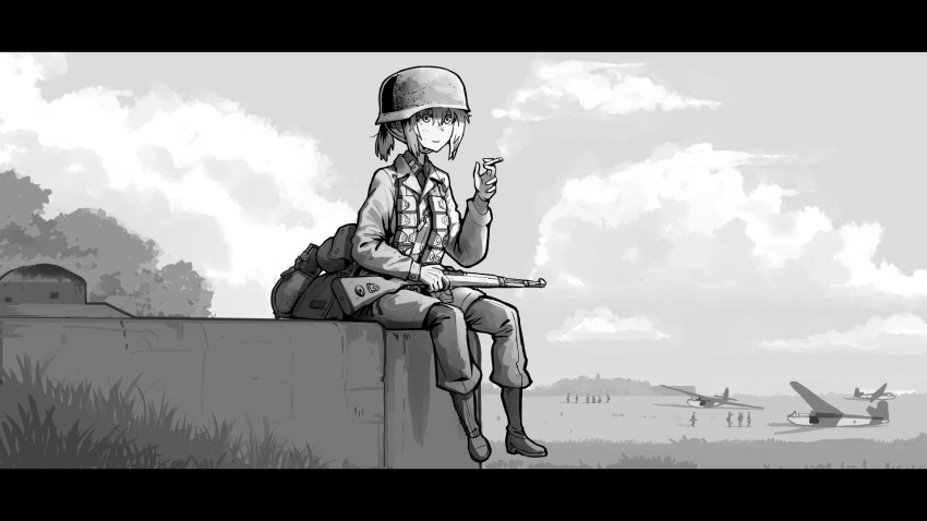 1girl aircraft belt boots cloud cloudy_sky erica_(naze1940) gun helmet highres holding holding_weapon military military_uniform original outdoors rifle short_hair sitting sky smoking soldier stahlhelm uniform weapon world_war_ii