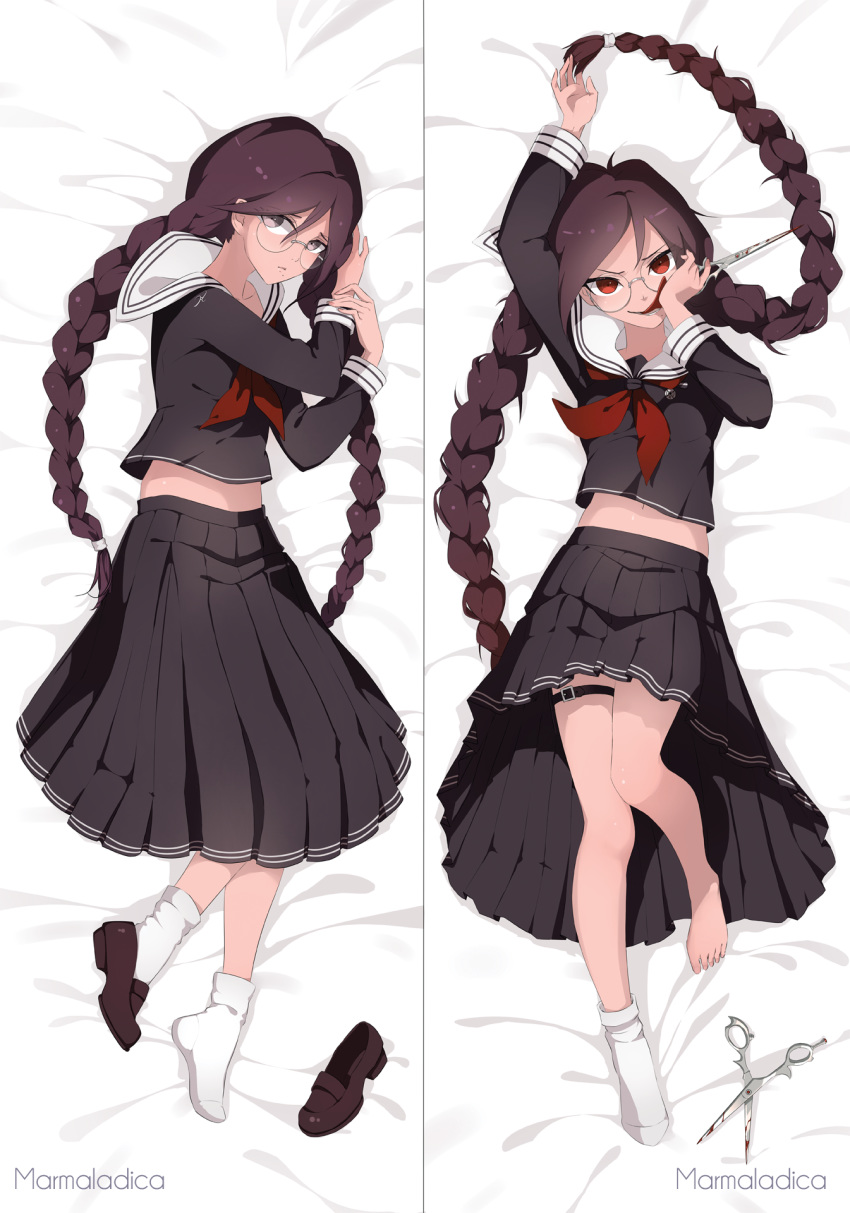 1girl artist_name bed_sheet black_blouse black_skirt blood blouse braid brown_eyes brown_footwear brown_hair closed_mouth commentary commission dakimakura danganronpa danganronpa_1 from_above fukawa_touko full_body glasses hair_between_eyes highres holding holding_scissors leg_belt licking loafers long_hair long_sleeves looking_at_viewer lying marmalade_(elfless_vanilla) midriff mole mole_under_mouth multiple_views navel neckerchief on_back on_side pleated_skirt red_eyes red_neckwear round_eyewear sailor_collar school_uniform scissors serafuku shoes single_shoe single_sock skirt socks tongue tongue_out twin_braids twintails very_long_hair white_legwear white_sailor_collar