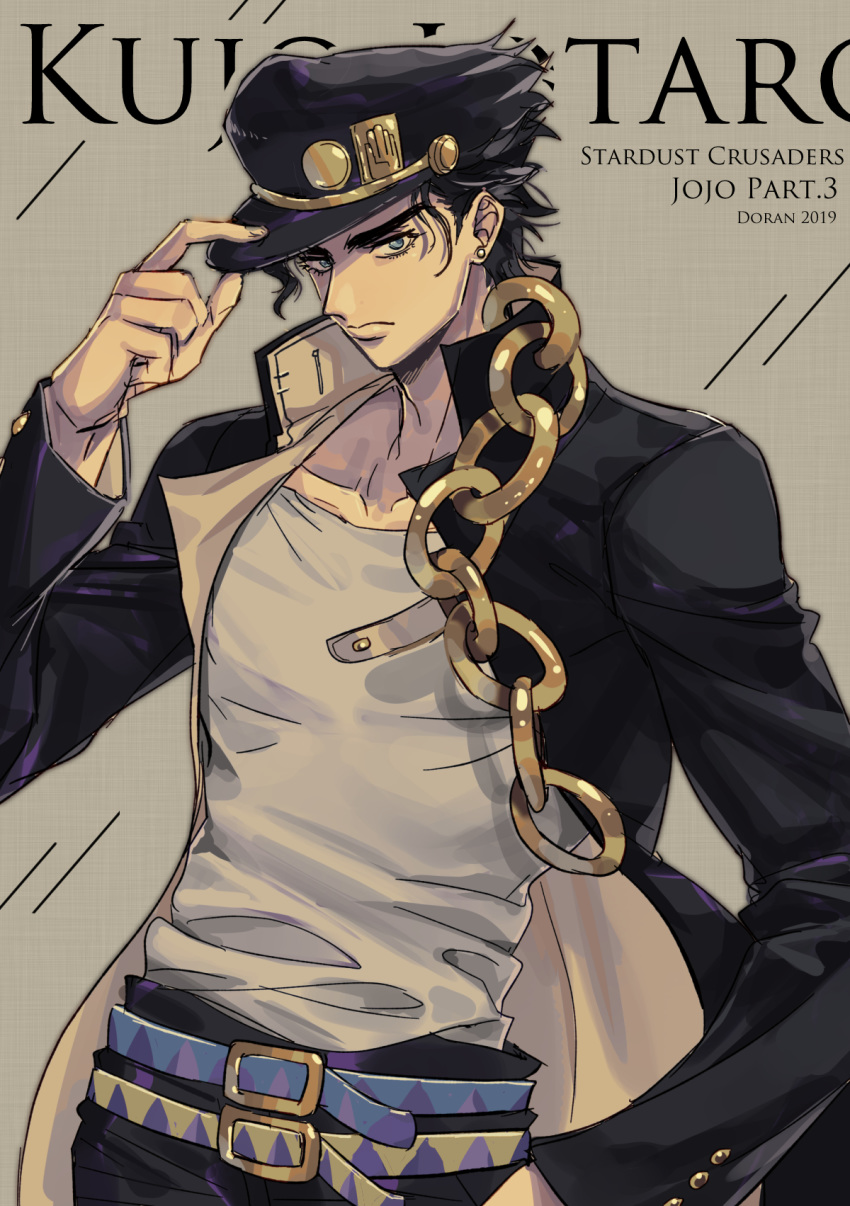 1boy belt black_hair blue_eyes chain character_name copyright_name doran7280 earrings expressionless hat hat_tip highres jewelry jojo_no_kimyou_na_bouken kuujou_joutarou lips looking_at_viewer male_focus school_uniform shirt solo stardust_crusaders white_shirt