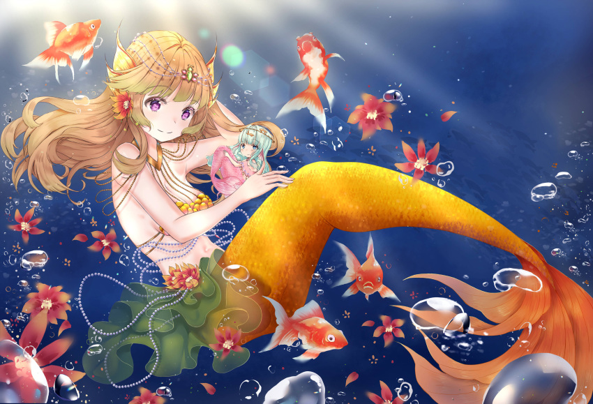 1girl animal_ears aqua_eyes aqua_hair blonde_hair brown_hair bubble chibi commission drawing fish goldfish hair_ornament head_fins highres illustrator jewelry long_hair mermaid mirei-yume monster_girl original purple_eyes scales shell shell_bikini tiara underwater very_long_hair