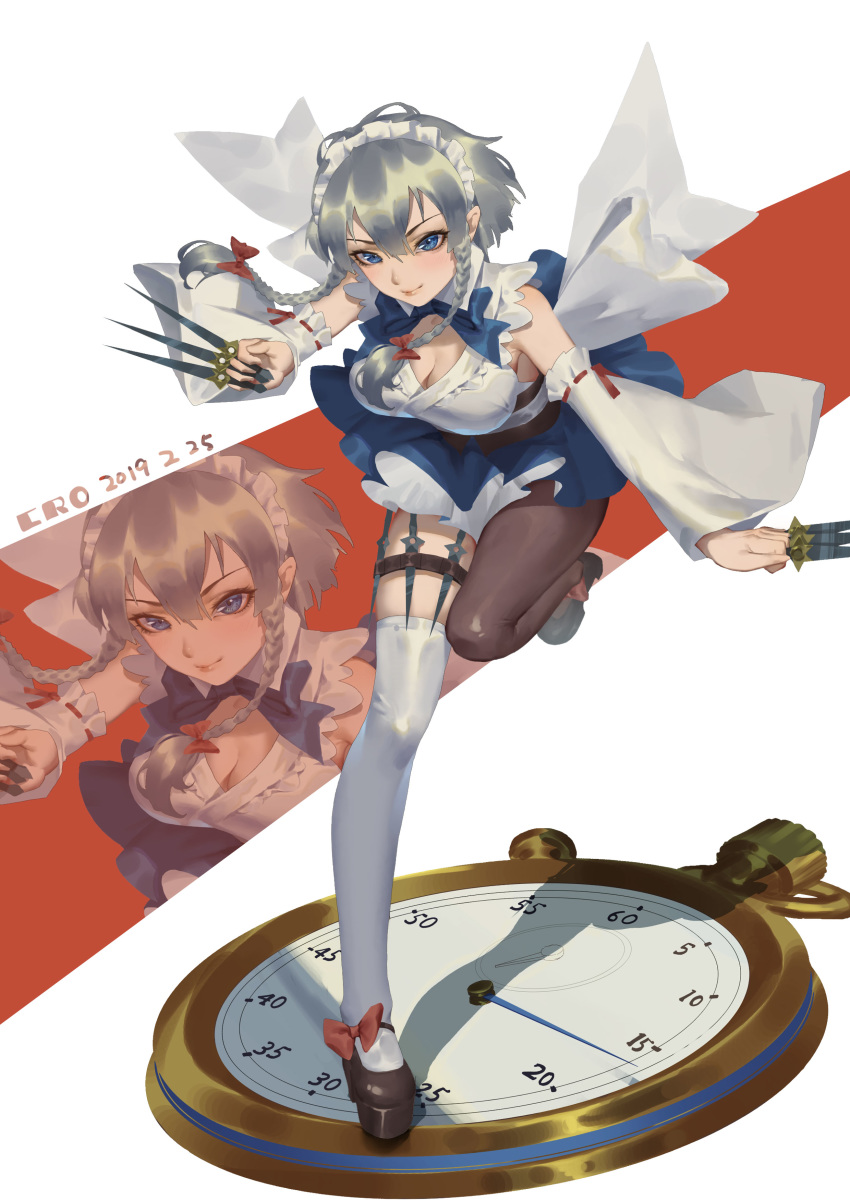 1girl absurdres bare_shoulders black_footwear black_legwear blue_eyes bow braid breasts cleavage clock commentary_request cro_(artist) detached_sleeves highres holding holding_weapon izayoi_sakuya maid maid_headdress red_bow shoe_bow shoes short_hair silver_hair smile thighhighs touhou twin_braids weapon white_legwear
