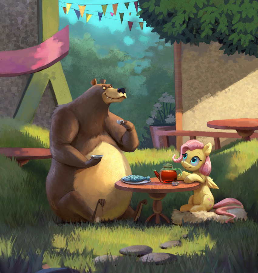 2018 absurd_res cup cutie_mark equid equine female feral fish fluttershy_(mlp) friendship_is_magic grass harry_the_bear_(mlp) hi_res holding_cup holding_object jotun22 mammal marine my_little_pony outside pterippus sitting smile table tea_cup ursid wings