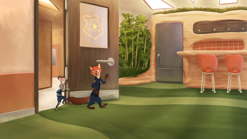 anthro barefoot canid canine carpet chair clothed clothing dipstick_ears disney door duo female fox gesture gloves_(marking) hi_res inside jaskenator7000 judy_hopps lagomorph leporid looking_at_another looking_back male mammal markings multicolored_ears necktie nick_wilde open_mouth open_smile plant police_uniform rabbit size_difference smile uniform walking zootopia