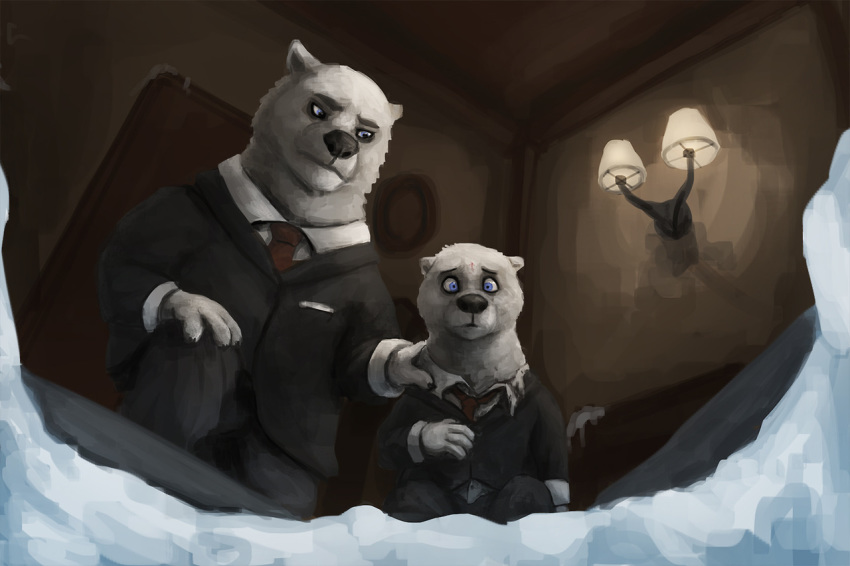 anthro blue_eyes bottomwear clothing disney door duo flakjackal fur ice inside kneeling koslov lamp light male mammal morris_(zootopia) necktie pants polar_bear suit ursid ursine white_fur zootopia