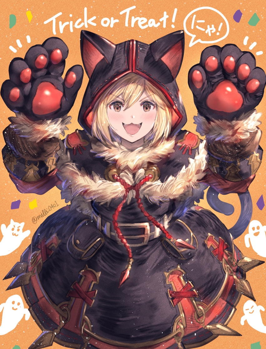 1girl :3 :d animal_ears arms_up bangs black_capelet black_dress black_gloves blonde_hair brown_eyes capelet cat_ears cat_girl cat_tail commentary_request djeeta_(granblue_fantasy) dress eyebrows_visible_through_hair fangs fur-trimmed_gloves fur_trim ghost gloves granblue_fantasy hair_between_eyes highres hood hood_up hooded_capelet long_sleeves milli_little open_mouth orange_background paw_gloves paws smile solo tail trick_or_treat twitter_username v-shaped_eyebrows