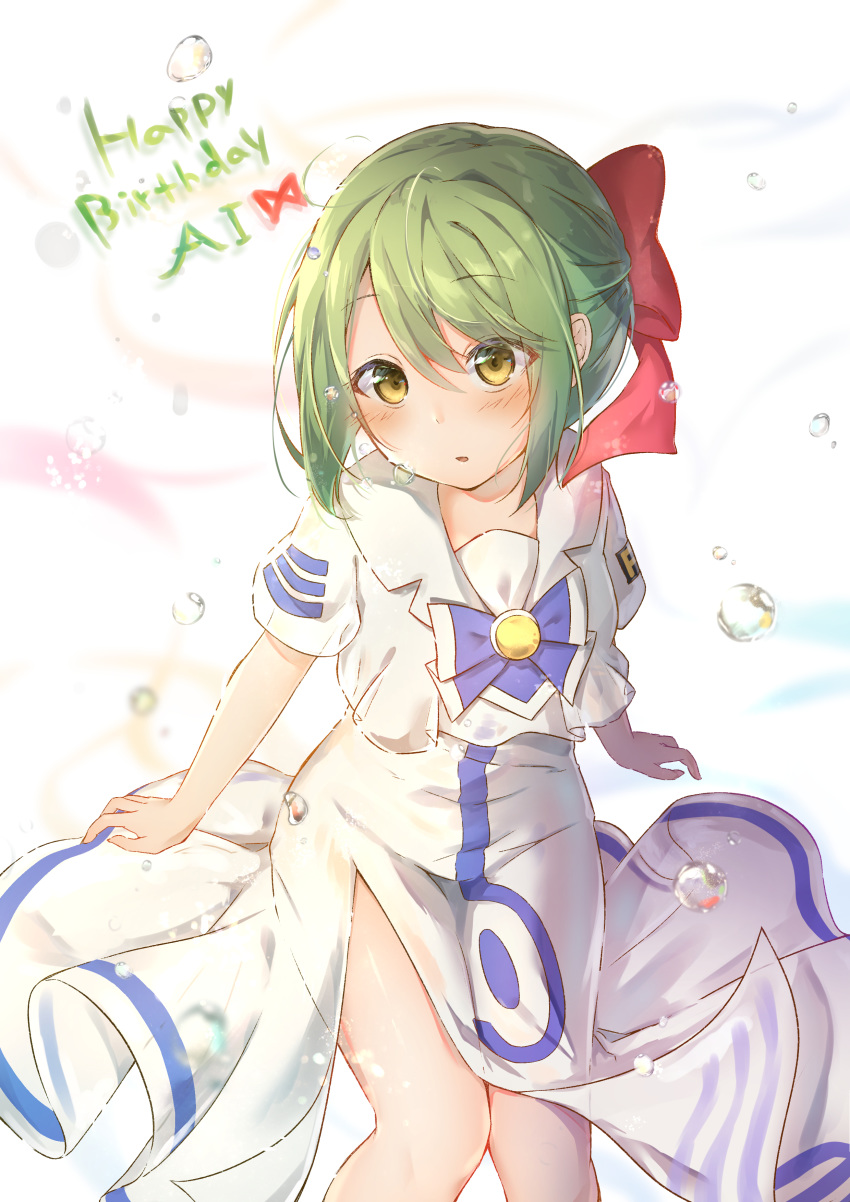 1girl absurdres ai_(aria) aria aria_company_uniform beret blush bow brown_eyes bubble character_name dress eyebrows_visible_through_hair green_hair hair_bow happy_birthday hat head_tilt highres knees_together nut_megu red_bow short_hair sidelocks simple_background solo uniform