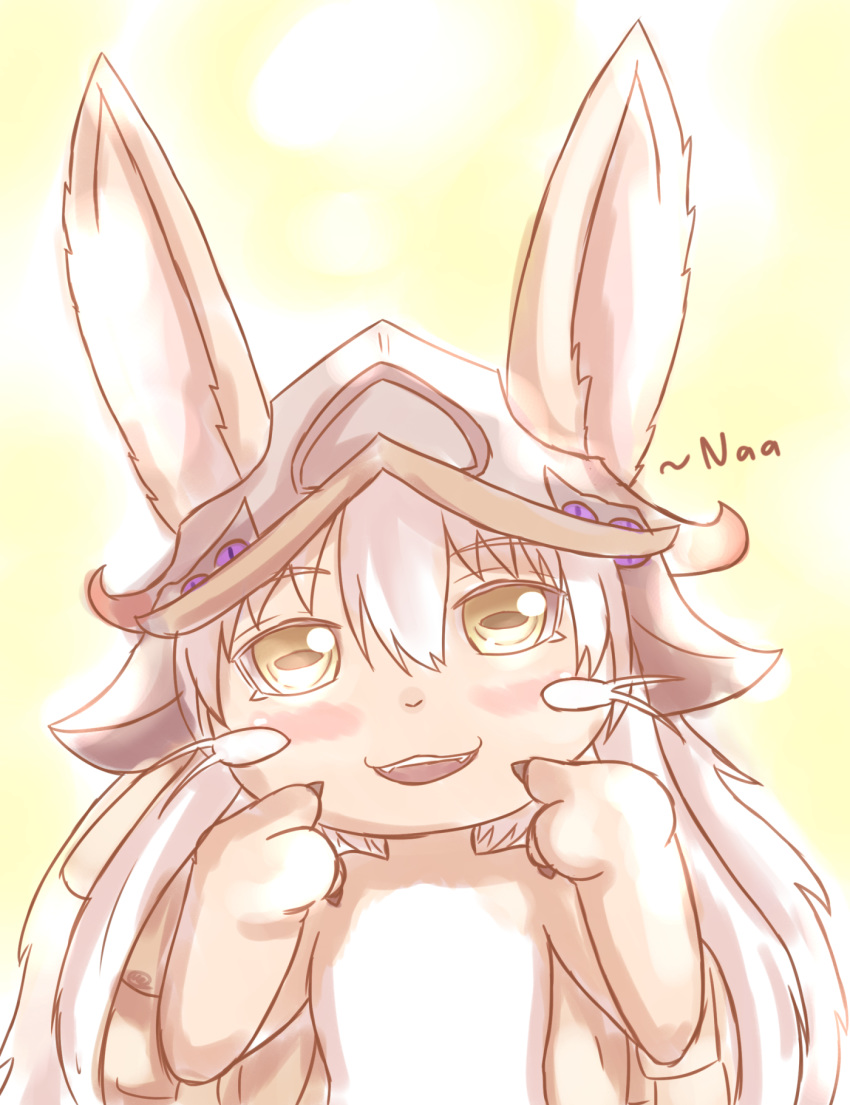 2017 anthro blush brown_fur claws clothed clothing cute_fangs digital_media_(artwork) fangs female fingers fur gesture hair half-length_portrait headgear headwear hi_res long_ears long_hair made_in_abyss mammal nanachi narehate open_mouth pointing pointing_at_head pointing_at_self portrait simple_background solo text unknownlifeform whiskers white_hair yellow_eyes young