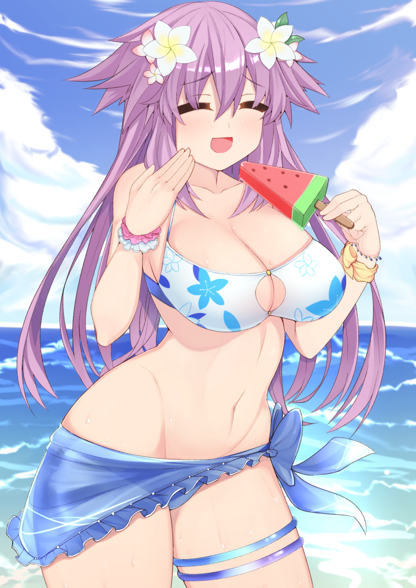 1girl adult_neptune bikini blush breasts closed_eyes cloud dura eyebrows_visible_through_hair flower food hair_between_eyes hair_flower hair_ornament highres holding holding_food hot large_breasts long_hair navel neptune_(series) ocean open_mouth outdoors popsicle purple_hair scrunchie shin_jigen_game_neptune_vii sky smile solo swimsuit thigh_strap very_long_hair water watermelon_bar wet wrist_scrunchie