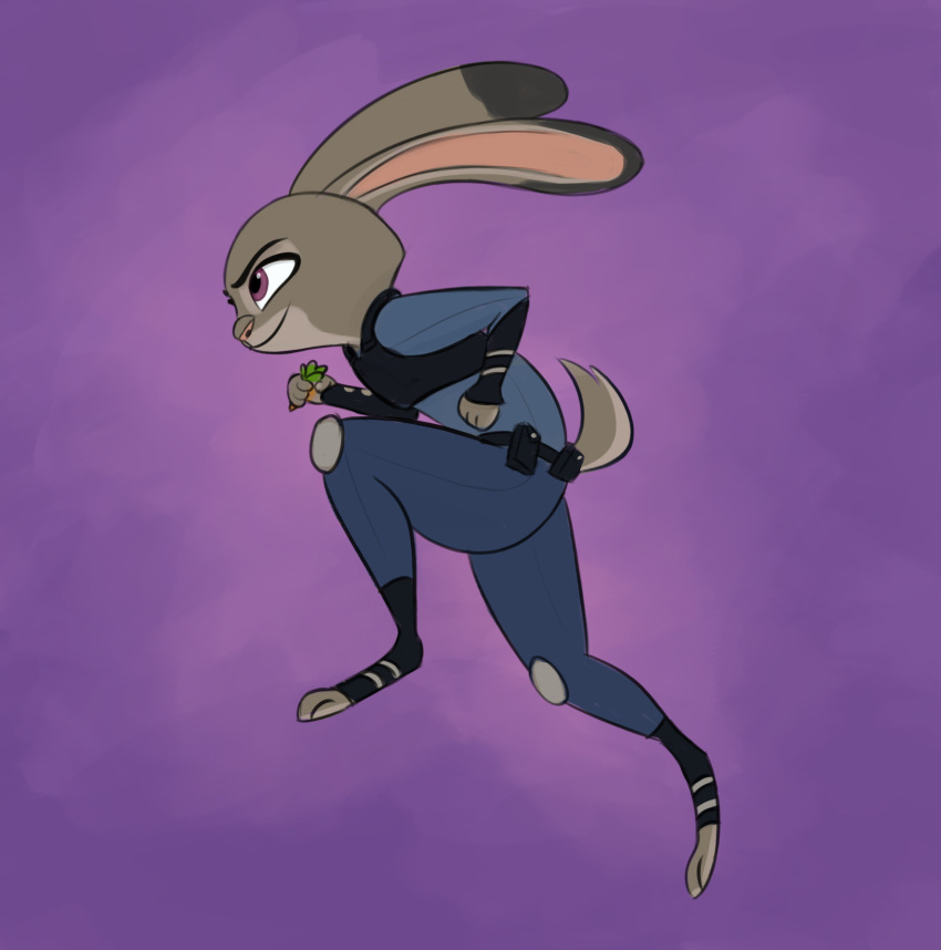 anthro carrot_pen clothed clothing dipstick_ears disney female fur grey_fur hi_res holding_object jaskenator7000 judy_hopps lagomorph leporid mammal multicolored_ears police_uniform purple_eyes rabbit running scut_tail simple_background smile solo uniform zootopia