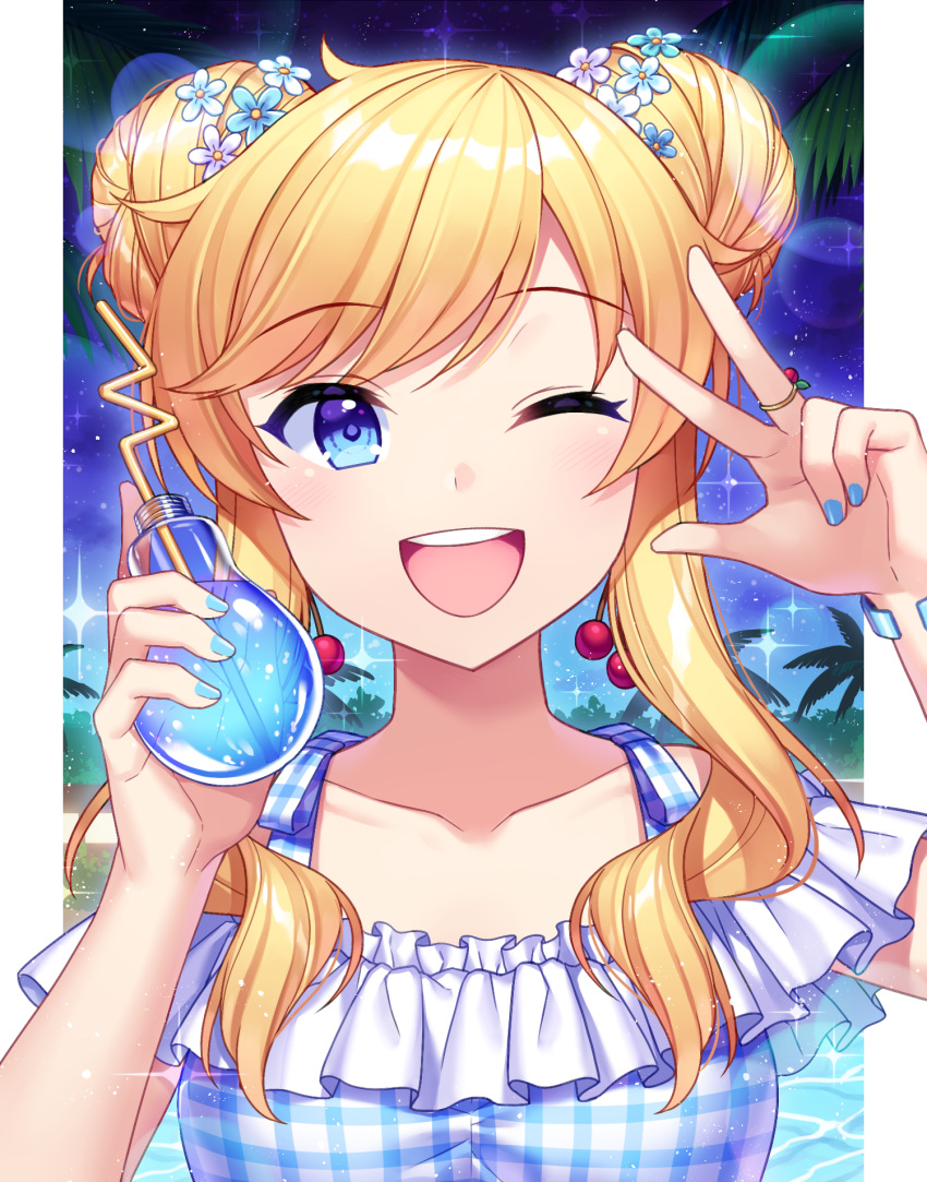 1girl ;d arm_up bangs bare_shoulders blue_nails blush cherry_earrings collarbone crazy_straw cup double_bun drinking_straw earrings eyebrows_visible_through_hair flower food_themed_earrings hair_flower hair_ornament highres holding holding_cup idolmaster idolmaster_cinderella_girls idolmaster_cinderella_girls_starlight_stage jenevan jewelry lightning_bolt looking_at_viewer nail_polish night night_sky one_eye_closed ootsuki_yui open_mouth outdoors outside_border ring round_teeth sidelocks sky smile solo sparkle swept_bangs teeth upper_teeth v