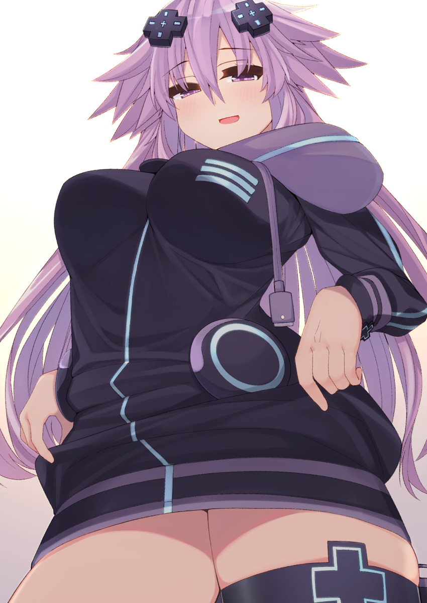 1girl adult_neptune blush breasts d-pad d-pad_hair_ornament dura eyebrows_visible_through_hair hair_between_eyes hair_ornament highres jacket large_breasts long_hair long_sleeves looking_at_viewer neptune_(series) purple_eyes purple_hair shin_jigen_game_neptune_vii sidelocks smile solo thigh_strap