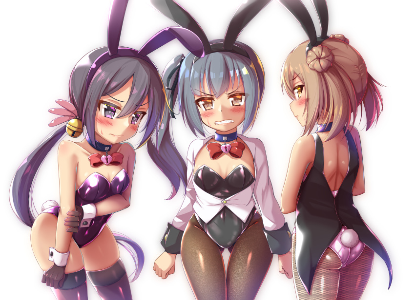 3girls akebono_(kantai_collection) alternate_costume animal_ears ass bell black_gloves black_jacket black_legwear black_leotard breasts brown_eyes bunny_ears bunny_girl bunny_tail bunnysuit choker collarbone covered_navel cowboy_shot double_bun fake_animal_ears fake_tail fishnet_pantyhose fishnets flower gloves grey_hair hair_bell hair_flower hair_ornament hair_ribbon heart_lock_(kantai_collection) highres jacket jingle_bell kantai_collection kasumi_(kantai_collection) kurokoshou_(emuburemu123) leotard light_brown_hair long_hair michishio_(kantai_collection) multiple_girls open_clothes open_jacket pantyhose purple_eyes purple_hair purple_leotard ribbon short_twintails side_ponytail small_breasts standing strapless strapless_leotard tail thighhighs twintails very_long_hair white_background white_jacket white_leotard wrist_cuffs