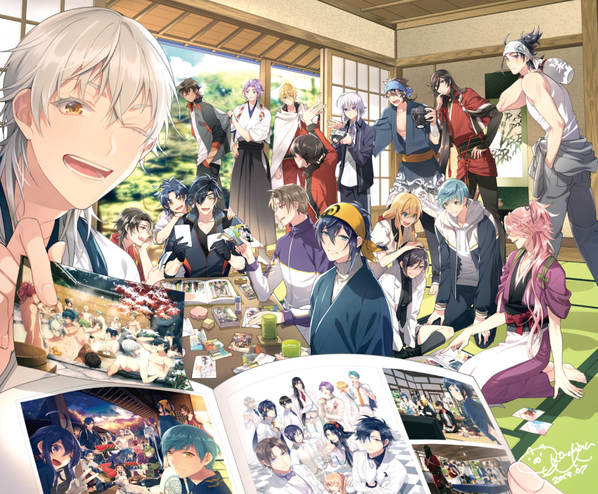 6+boys :d ;d aqua_hair bandana black_gloves black_hair black_legwear blonde_hair blue_eyes blue_hair brown_hair camera cup eyepatch glasses gloves hakama hand_in_pocket heshikiri_hasebe highres honebami_toushirou horikawa_kunihiro ichigo_hitofuri izumi-no-kami_kanesada jacket japanese_clothes kasen_kanesada kashuu_kiyomitsu kimono kneehighs ko-man labcoat male_focus midare_toushirou mikazuki_munechika multiple_boys mutsu-no-kami_yoshiyuki nihongou_(touken_ranbu) one_eye_closed ookurikara open_mouth photo_(object) photo_album pink_hair pov purple_eyes purple_hair red_eyes seiza shokudaikiri_mitsutada shorts sitting sliding_doors smile souza_samonji table taikogane_sadamune touken_ranbu track_jacket tsurumaru_kuninaga white_hair yagen_toushirou yamanbagiri_kunihiro yellow_eyes yunomi