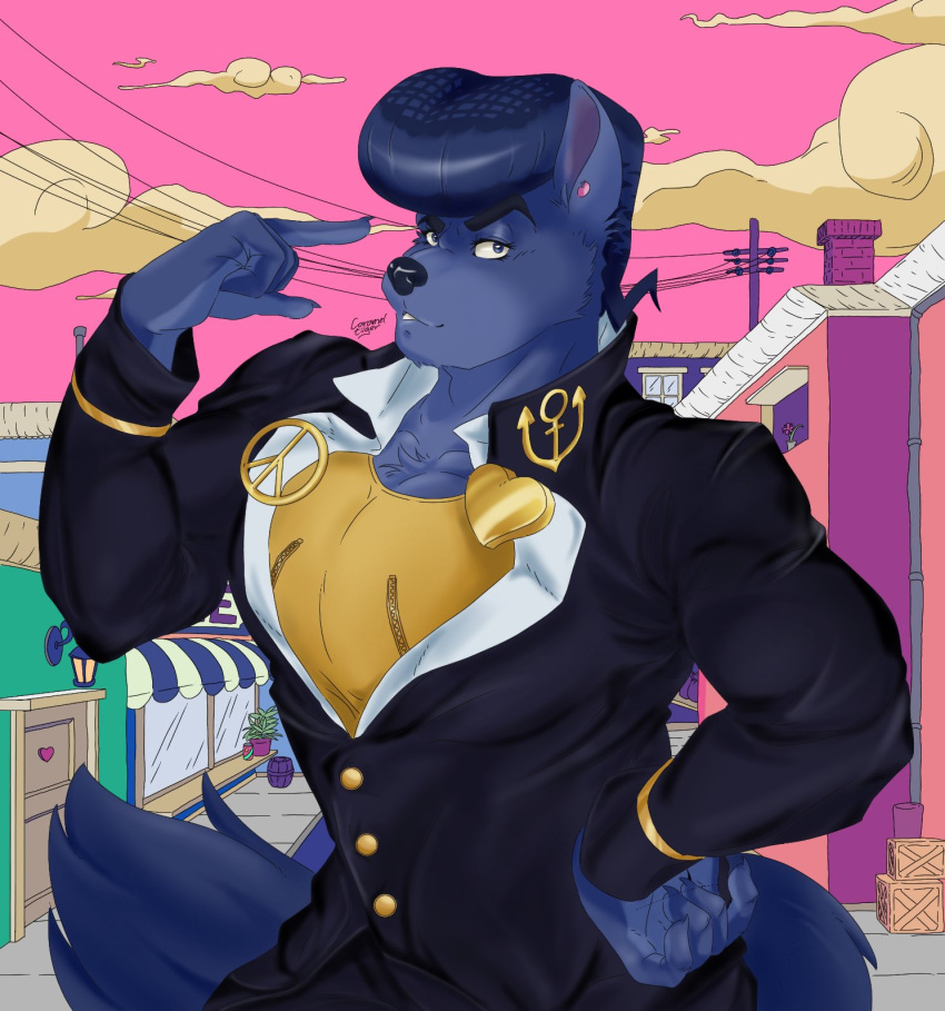 &lt;3 2019 barrel blue_eyes blue_fur blue_nose building canid canine canis carameltiiiger claws clothed clothing compression_artifacts crate ear_piercing flower fur hand_on_hip hi_res jojo's_bizarre_adventure josuke_higashikata lapel_pin looking_at_viewer male mammal muscular muscular_male nail outside peace_symbol piercing plant signature solo wolf