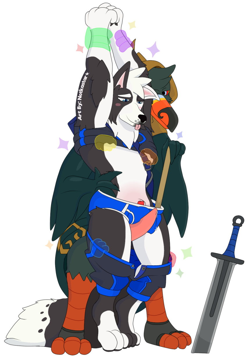 2019 alpha_channel anthro assisted_exposure blush bottomwear briefs bulge canid canine canis clothed clothing domestic_dog erection hi_res lifting_clothing magic magic_user male mammal melee_weapon notkastar pants pants_down pantsing partially_clothed penis shirt signature simple_background smile sword topwear underwear wand weapon wizzrobe