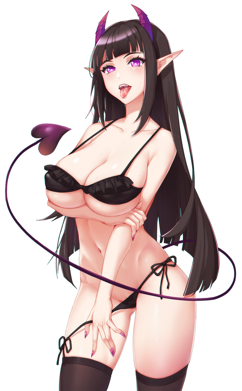 1girl absurdres bare_shoulders black_bra black_hair black_legwear black_panties bra breasts cleavage collarbone commentary_request demon_tail highres horns large_breasts lis_zhu_long long_hair navel original panties pointy_ears purple_eyes saliva simple_background solo tail thighhighs tongue tongue_out underwear upper_teeth white_background