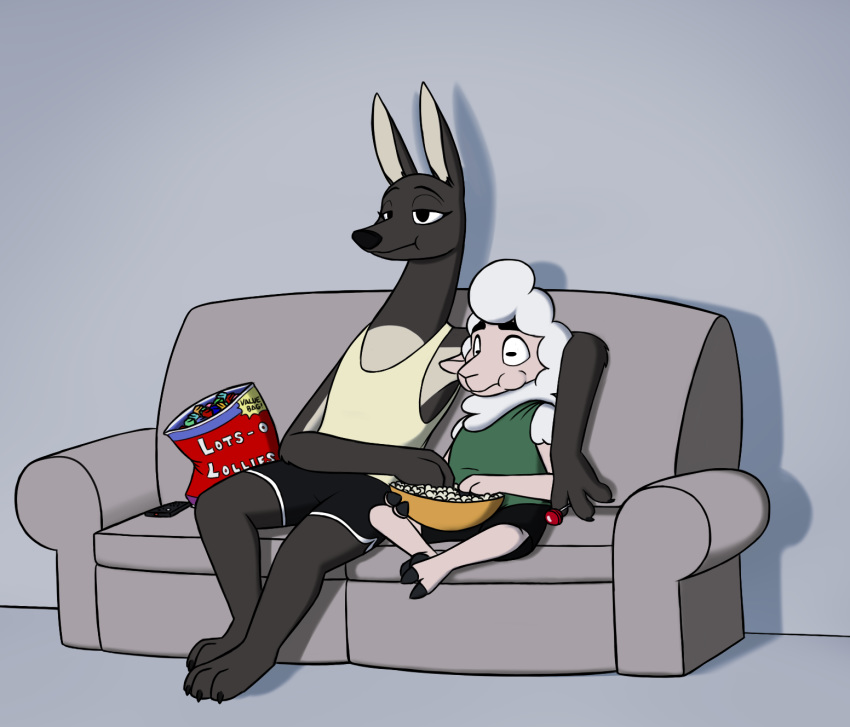 anthro avo_(weaver) black_fur bottomwear bovid candy canid canine canis caprine cellphone clothed clothing disney duo female food fur hi_res jackal lollipop male mammal pack_street phone remmy_cormo shadow sheep shirt shorts sitting skunkbutt_(artist) sofa tank_top topwear watching_tv zootopia