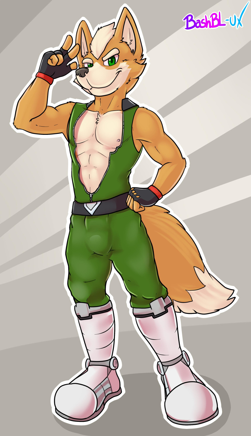 abs absurd_res anthro bashbl-ux biceps bulge canid canine clothed clothing fox fox_mccloud gloves green_eyes handwear hi_res looking_at_viewer male mammal muscular muscular_male nintendo pecs smile solo star_fox video_games