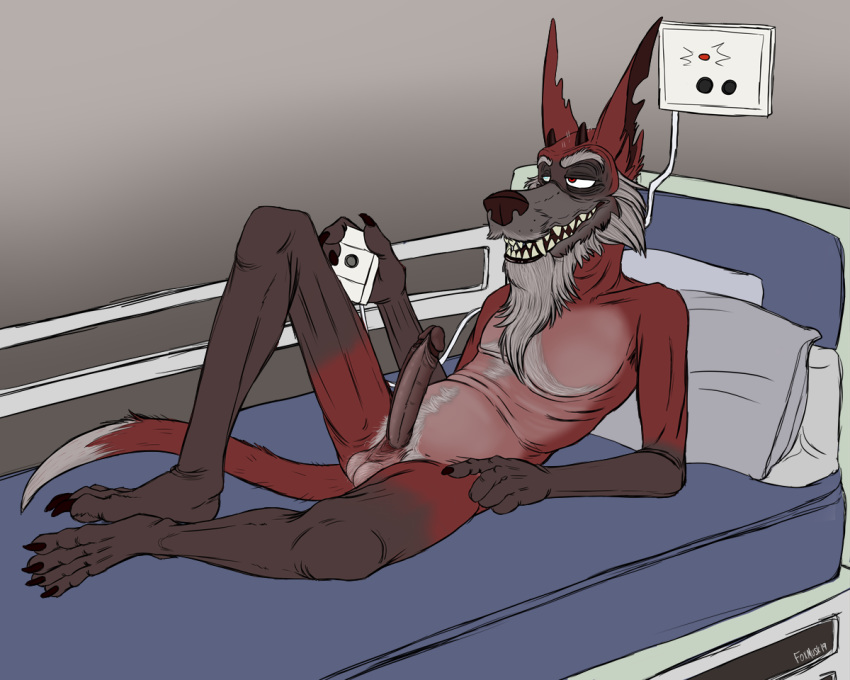 2019 5:4 anthro bed biped canid canid_demon demon digital_media_(artwork) erection foxmusk grandfather grey_hair hair hairy hellhound horn humanoid_penis male mammal markings mature_male nursing_home old penis teeth tros