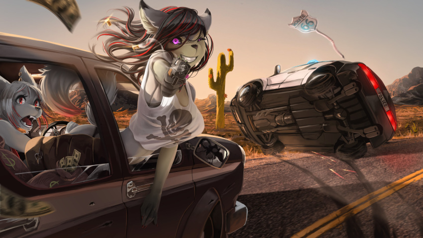 2018 5_fingers absurd_res anthro black_hair black_sclera breasts canid canine clothed clothing day detailed_background digital_media_(artwork) duo ear_piercing eyelashes female fingers fox fruitbloodmilkshake gun hair hi_res holding_gun holding_object holding_weapon mammal open_mouth outside piercing purple_eyes ranged_weapon sky smile teeth tongue weapon white_hair