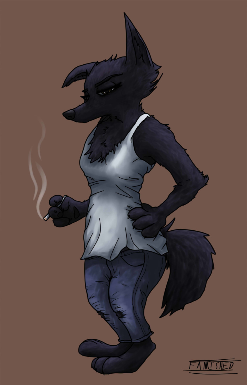 anthro barefoot betty_(weaver) black_fur bottomwear canid canine canis cigarette clothed clothing disney famished_(artist) female fur hi_res mammal one_ear_up pack_street pants simple_background solo standing wolf zootopia