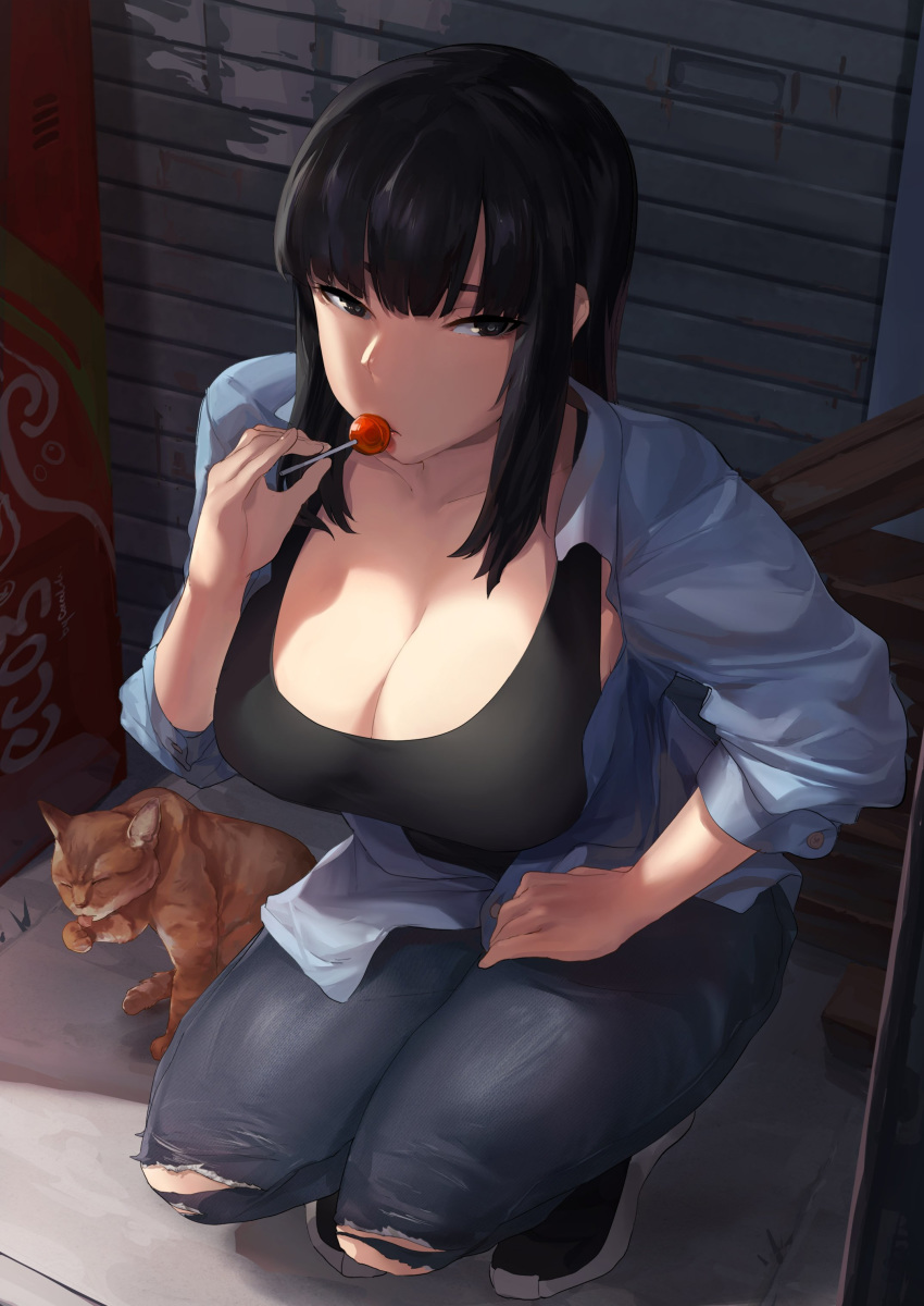 1girl absurdres alley black_eyes black_hair breasts candy cat cleavage denim food hand_on_own_thigh highres hime_cut jeans large_breasts licking_paw lollipop long_hair naoko-san naoko_(9113419) original pants sidelocks sleeves_pushed_up solo squatting tank_top torn_clothes torn_jeans torn_pants