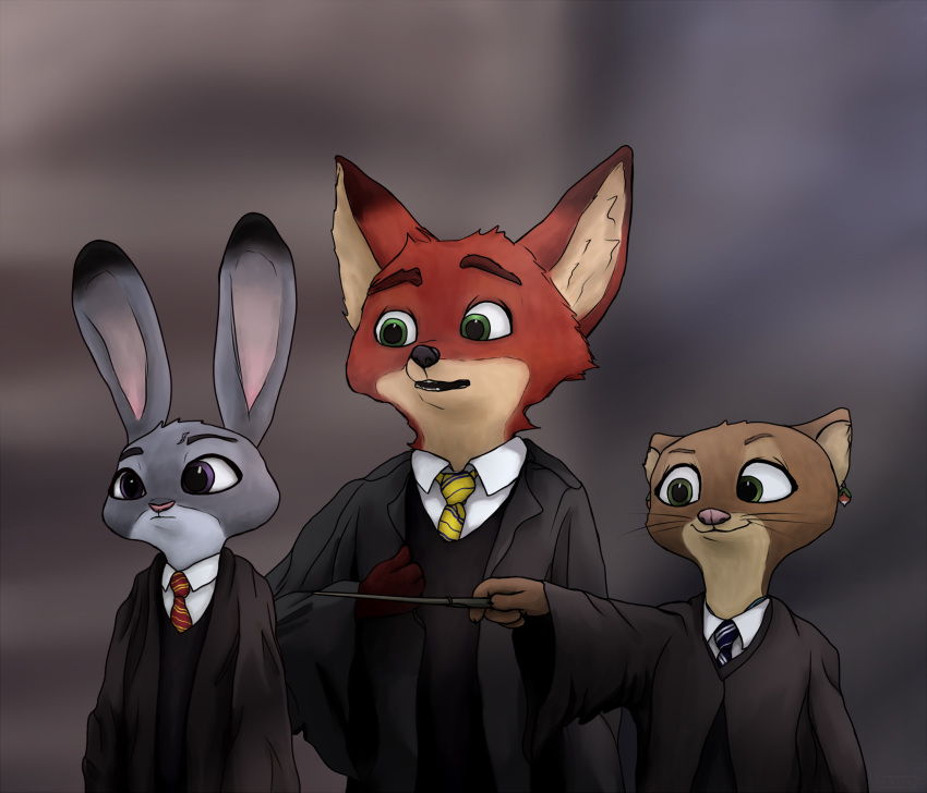 anthro brown_fur canid canine clothing crossover dipstick_ears disney ear_piercing ear_ring famished_(artist) female fox fur green_eyes grey_fur group harry_potter hi_res holding_object judy_hopps kris_(zootopia) lagomorph leporid long_ears lutrine male mammal multicolored_ears multicolored_fur mustelid necktie nick_wilde open_mouth orange_fur parody piercing purple_eyes rabbit robe size_difference smile two_tone_fur wand whiskers zootopia