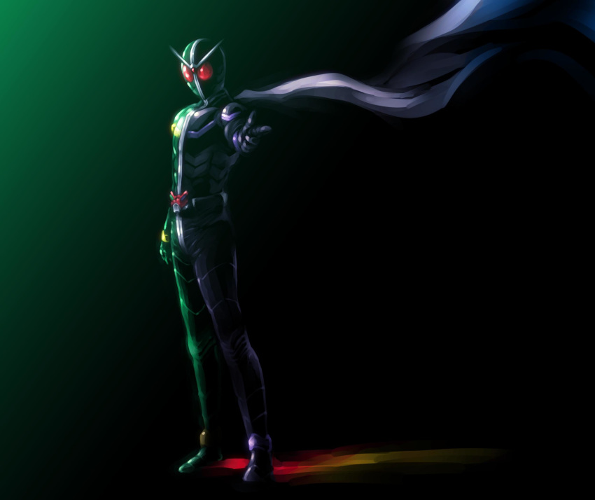 black_background full_body gradient gradient_background green_background highres ishiyumi kamen_rider kamen_rider_double kamen_rider_w male_focus pointing pose rider_belt scarf