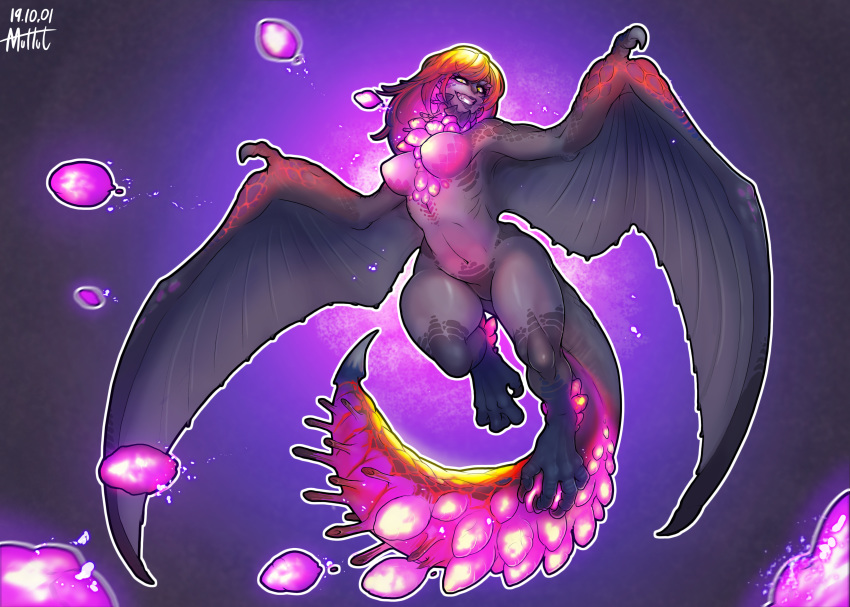 2019 4_toes absurd_res anthro anthrofied areola bazelgeuse breasts capcom digital_media_(artwork) dragon eyebrows eyelashes featureless_crotch female flying_wyvern hi_res membrane_(anatomy) membranous_wings monster_hunter muhut nipples non-mammal_breasts seething_bazelgeuse simple_background smile solo subspecies toes video_games wings wyvern yellow_eyes