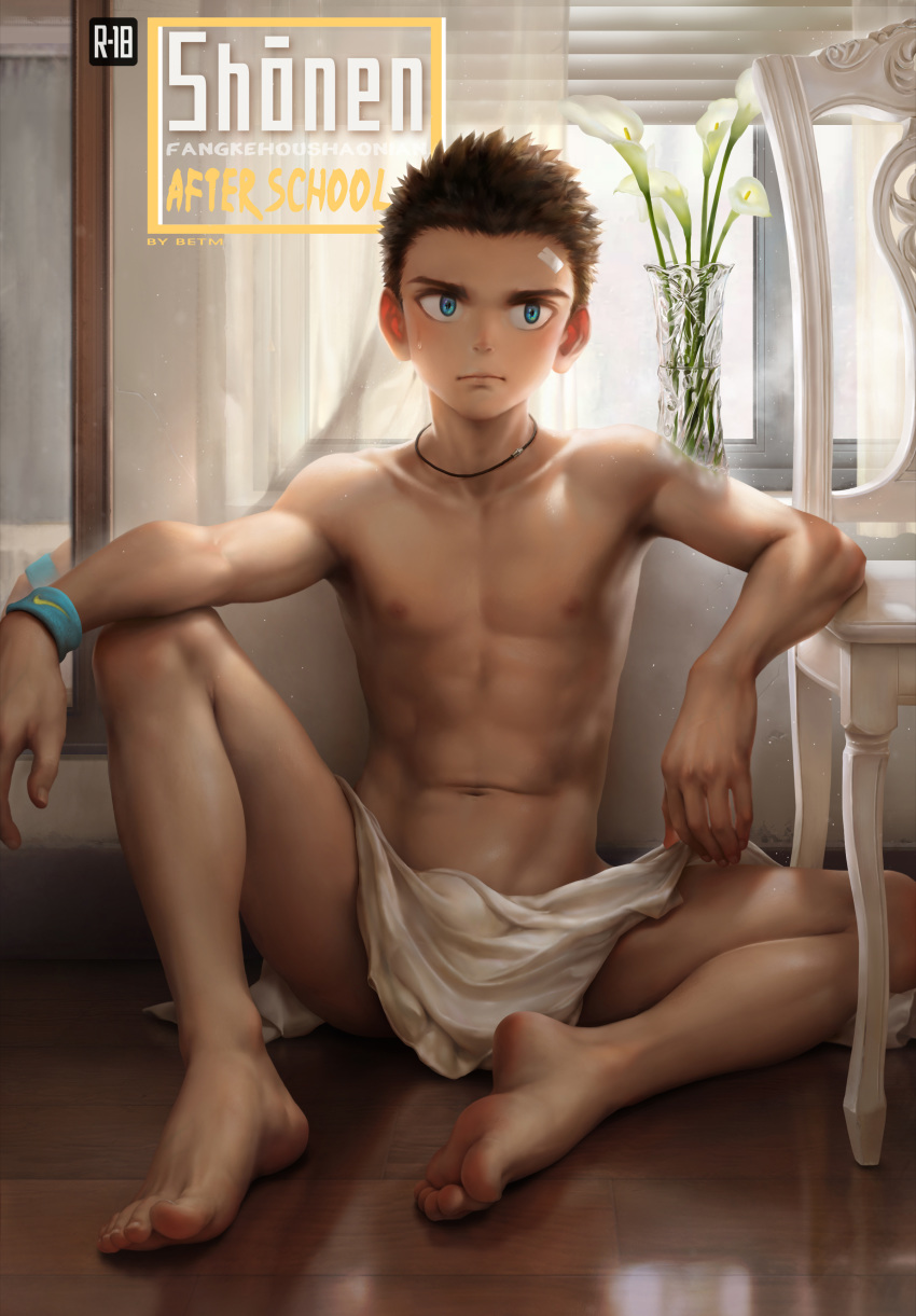 1boy abs absurdres arm_rest bandage_on_face barefoot beitemian black_hair blue_eyes chest closed_mouth day full_body highres indoors jewelry knee_up long_hair looking_to_the_side male_focus necklace nipples original sitting soles solo spread_legs sweatdrop toes toned toned_male window wristband