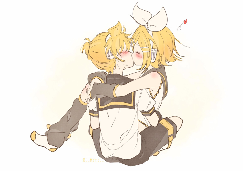 1boy 1girl arms_around_neck back bare_shoulders blonde_hair blue_eyes blush bow brother_and_sister carrying closed_eyes detached_sleeves flying_heart hair_bow hair_ornament hairclip headphones headset heart highres hug incest kagamine_len kagamine_rin kiss leg_warmers m0ti princess_carry sailor_collar shirt short_ponytail shorts siblings sitting sitting_on_person sketch sleeveless sleeveless_shirt twincest twins vocaloid