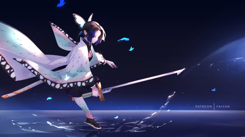 1girl artist_name black_hair black_legwear bug butterfly butterfly_hair_ornament expressionless faicha full_body hair_ornament haori holding holding_sword holding_weapon insect japanese_clothes katana kimetsu_no_yaiba kochou_shinobu sheath sidelocks solo sword tabi unsheathed water water_surface weapon zouri