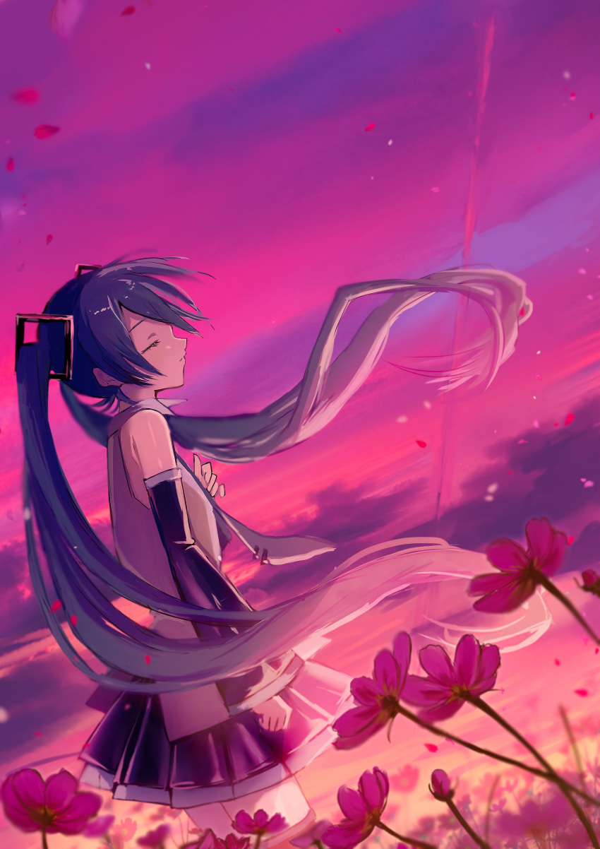 1girl absurdres aqua_neckwear bare_shoulders black_skirt black_sleeves blue_hair closed_eyes cloud cloudy_sky commentary cosmos_(flower) cowboy_shot detached_sleeves flower from_below grey_shirt hair_ornament hand_on_own_chest hatsune_miku highres leaves_in_wind long_hair mofmofmoffu necktie parted_lips petals purple_sky shirt skirt sky sleeveless sleeveless_shirt solo standing sunset twilight twintails very_long_hair vocaloid wind