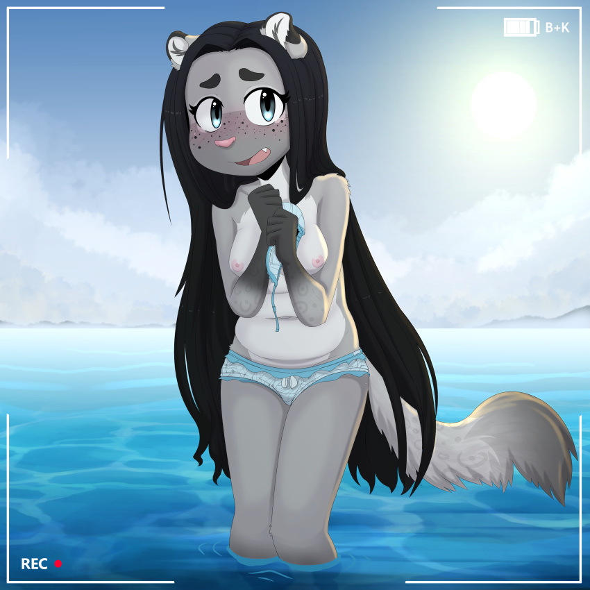 1:1 absurd_res anthro blush breasts camera_view clothed clothing cub embarrassed felid feline female gothbunnyboy hair hi_res ketzio11 leopard long_hair mammal nipples outside pantherine partially_submerged recording sea solo swimwear teenager topless wardrobe_malfunction water young