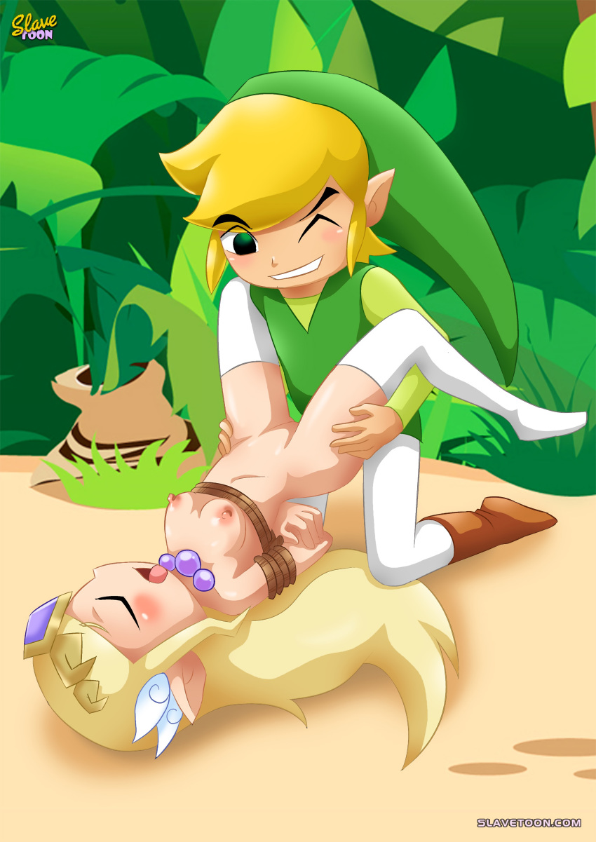 1boy 1girl 1girls blonde_hair blush bondage breasts closed_eyes clothed clothed_male_nude_female eyebrows eyebrows_visible_through_hair eyes_visible_through_hair female green_tunic hat highres implied_sex jungle legwear link looking_pleasured male male/female nipples one_eye_closed outdoors palcomix pointy_ears princess_zelda rope rope_bondage royalty slavetoon the_legend_of_zelda tiara tied_up tongue tongue_out toon_link toon_zelda tunic web_address