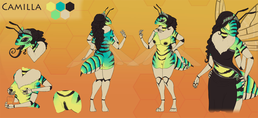 antennae_(anatomy) anthro arthropod arthropod_abdomen bee bodily_fluids breasts brown_hair clothed clothing collage compound_eyes crown dark_nipples dead_chimera digitigrade eyes_closed female hair hand_on_hip hi_res honey honeycomb hymenopteran insect insect_wings lactating long_tongue mandibles model_sheet multi_arm multi_limb neck_tuft nude pussy smile solo stinger tongue tuft wings