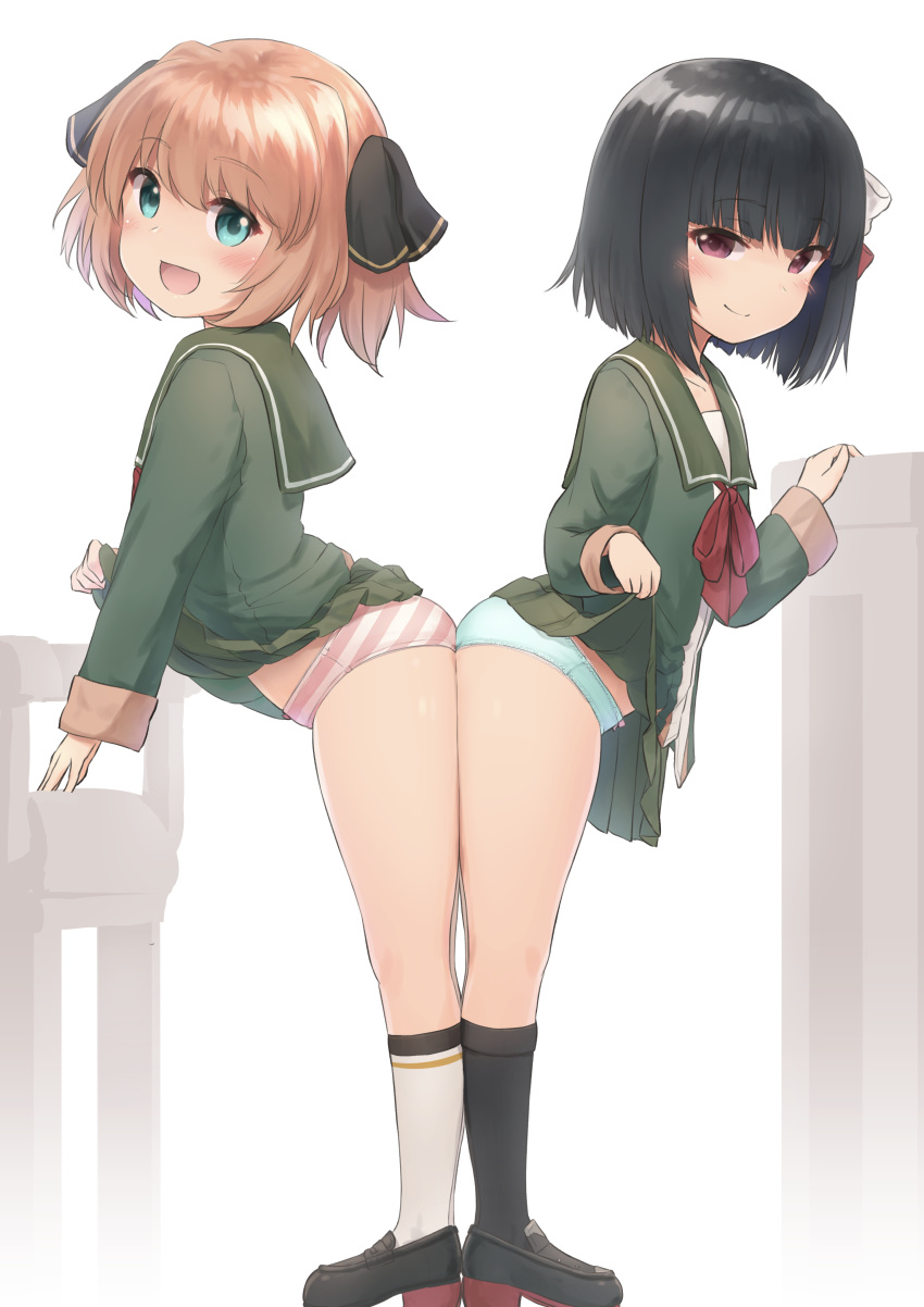 2girls absurdres ass ass-to-ass bangs black_hair black_legwear black_ribbon blunt_bangs blush brown_hair eyebrows_visible_through_hair full_body fur-trimmed_sleeves fur_trim green_jacket green_sailor_collar green_skirt hachijou_(kantai_collection) hair_ribbon highres ishigaki_(kantai_collection) jacket kantai_collection leaning_forward long_sleeves multiple_girls open_mouth panties pleated_skirt red_neckwear ribbon sailor_collar school_uniform short_hair skirt skirt_lift smile socks standing striped striped_panties underwear wamu_(chartreuse) white_legwear