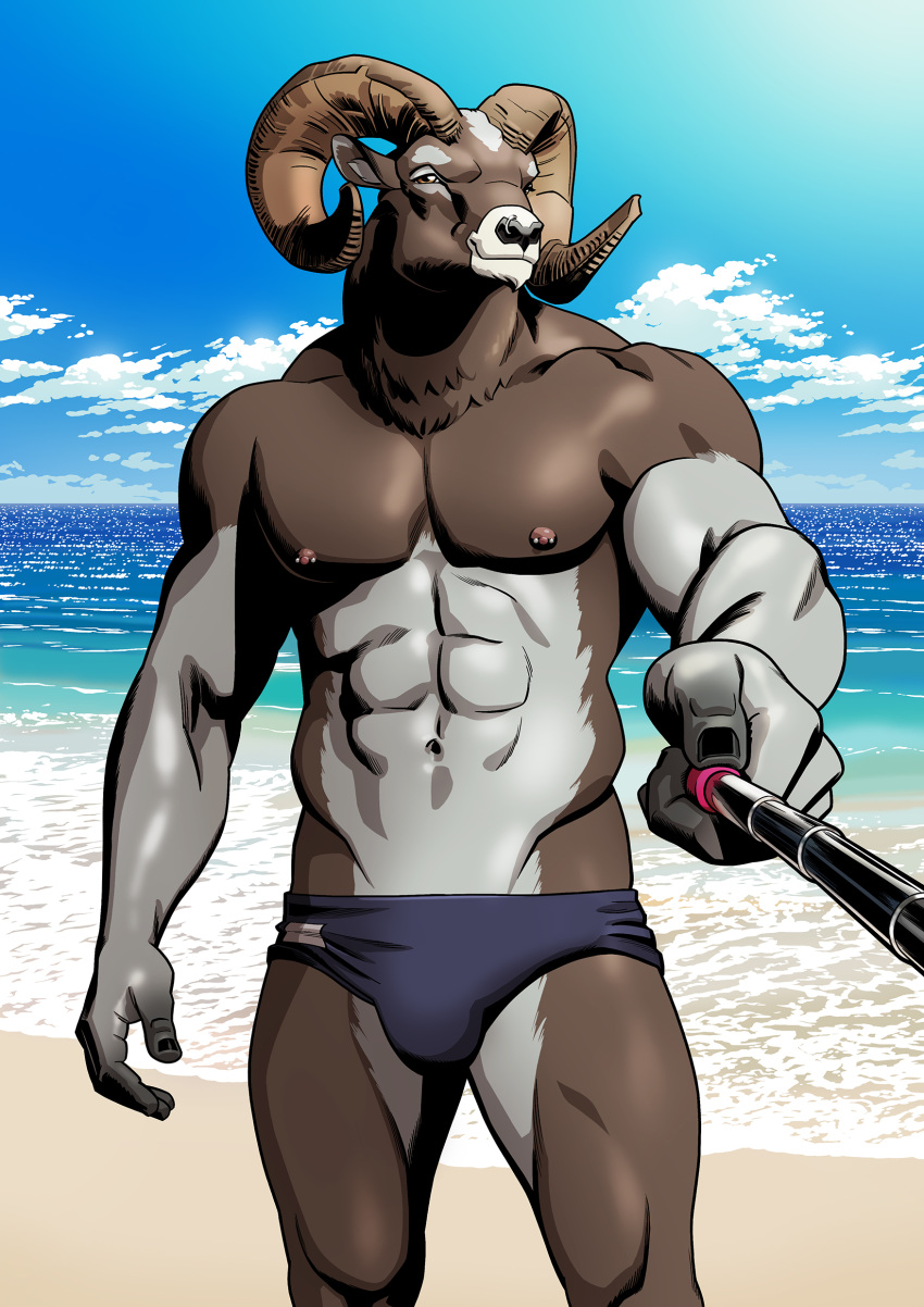 abs absurd_res beach billmund bovid bulge caprine clothing facial_piercing hi_res horn looking_at_viewer male mammal muscular muscular_male muscular_thighs navel nipple_piercing nipples nose_piercing pecs piercing quads seaside selfie selfie_stick smile solo swimwear