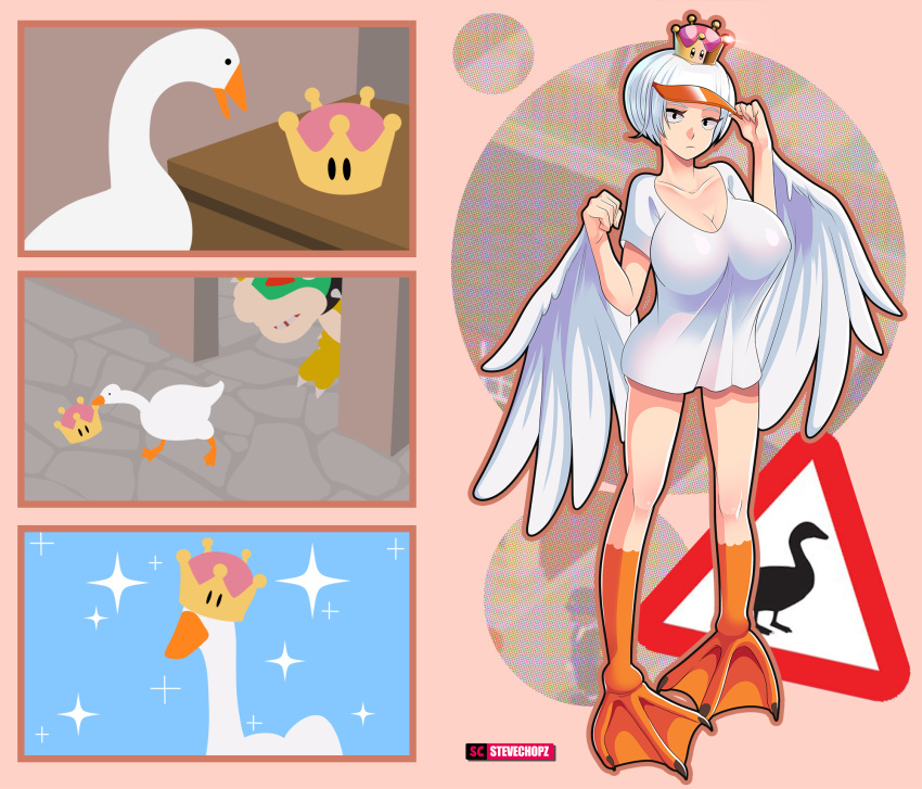 2019 ambiguous_gender anatid animal_humanoid anseriform anserinae avian avian_humanoid bird bowser breasts clothing crown duo feathers female feral feral_to_humanoid goose goose_(untitled_goose_game) hair hi_res humanoid mario_bros nintendo shirt solo_focus stevechopz super_crown topwear transformation untitled_goose_game video_games white_body white_feathers white_hair wings