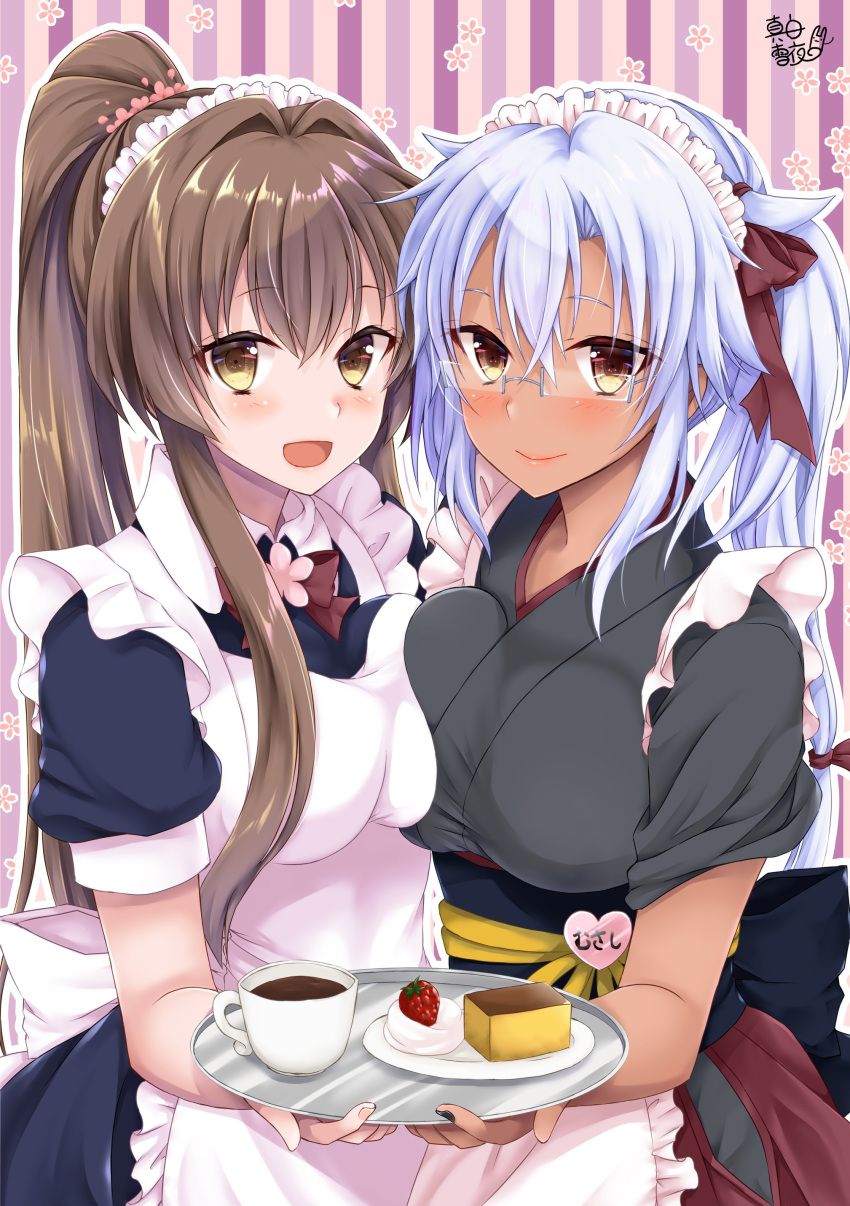 0yukiya0 2girls absurdres alternate_costume apron bangs blush breast_press breasts brown_hair cherry_blossoms coffee commentary cup dark_skin dessert eyebrows_visible_through_hair flower food fruit glasses hair_between_eyes hair_flower hair_ornament hair_ribbon heart highres holding japanese_clothes kantai_collection large_breasts lips long_hair maid maid_apron maid_headdress mug multiple_girls musashi_(kantai_collection) open_mouth pointy_hair ponytail red_neckwear ribbon short_sleeves side_ponytail sidelocks signature silver_hair smile strawberry striped striped_background tray yamato_(kantai_collection)