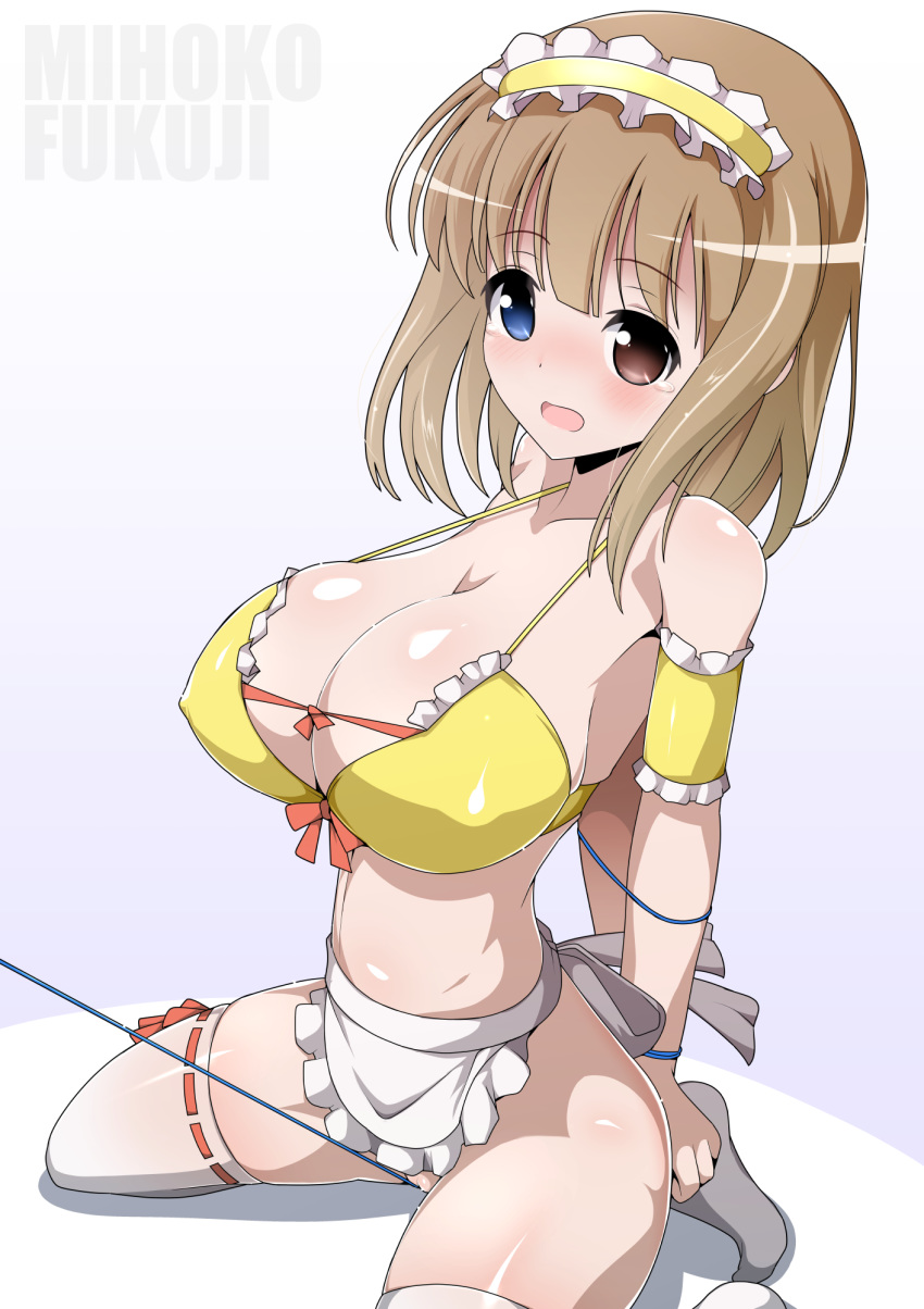 1girl apron bikini blue_eyes blush bottomless breasts brown_eyes brown_hair cleavage eyebrows_visible_through_hair fukuji_mihoko heterochromia highres large_breasts looking_at_viewer looking_to_the_side maid_headdress no_panties open_mouth pussy saki shiny shiny_hair short_hair simple_background solo swimsuit tears thighhighs white_background white_legwear xiao_rui_rui yellow_bikini